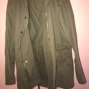 olive green denim jacket.